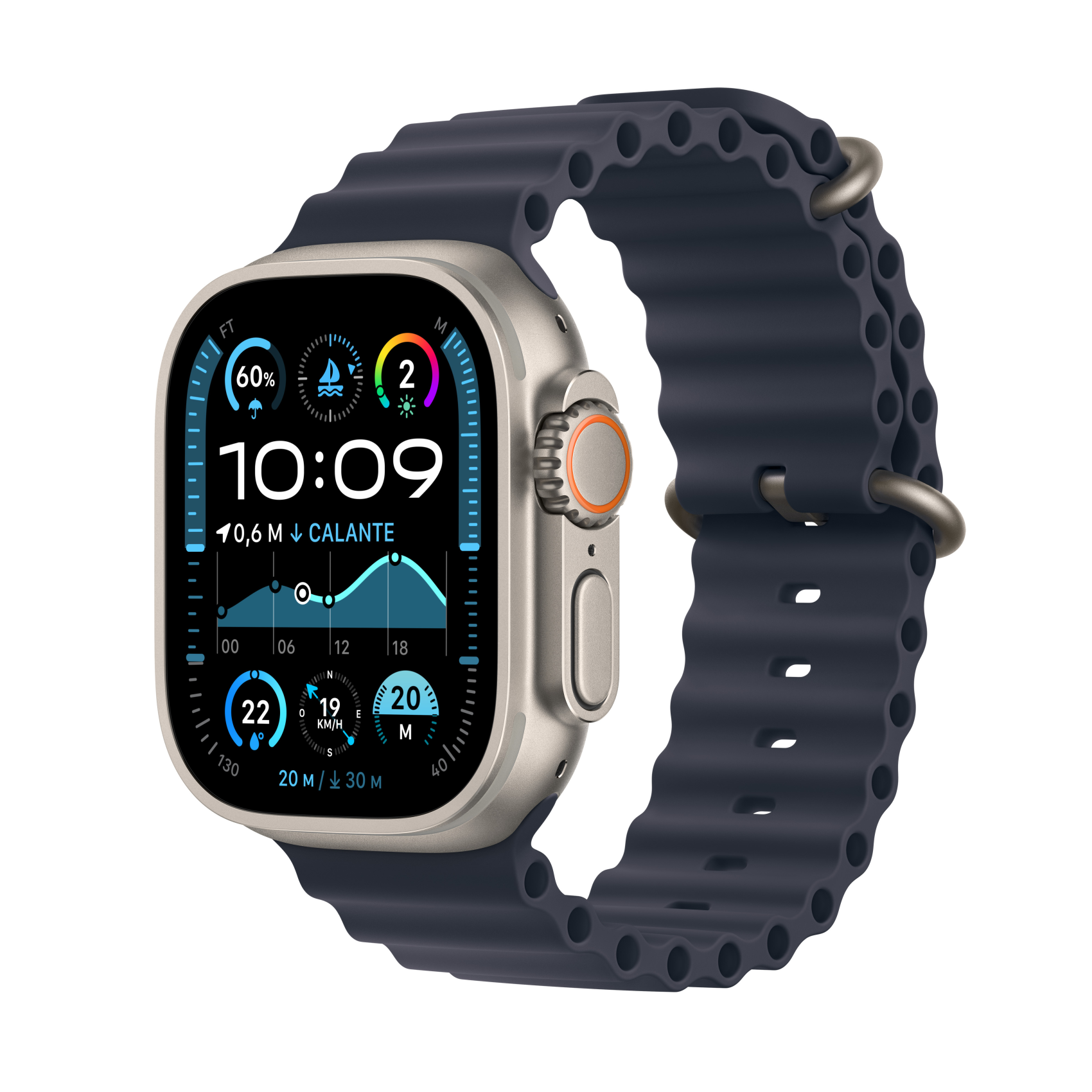 Apple Watch Ultra 2 Natur mit Ocean Armband Marine, mx4d3fd/a