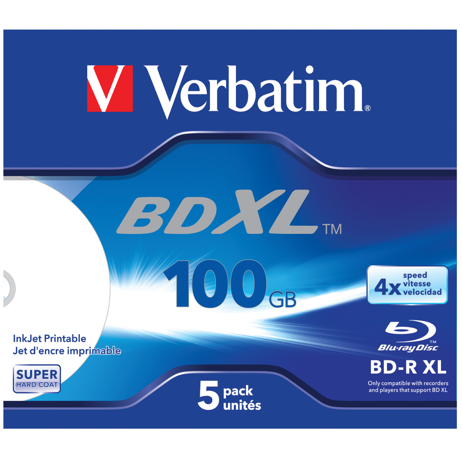 Verbatim BD-R XL 100 GB* 4x, 43789, mit Tintenstrahldrucker großflächig bedruckbar, Jewel Case, 5er-Pack