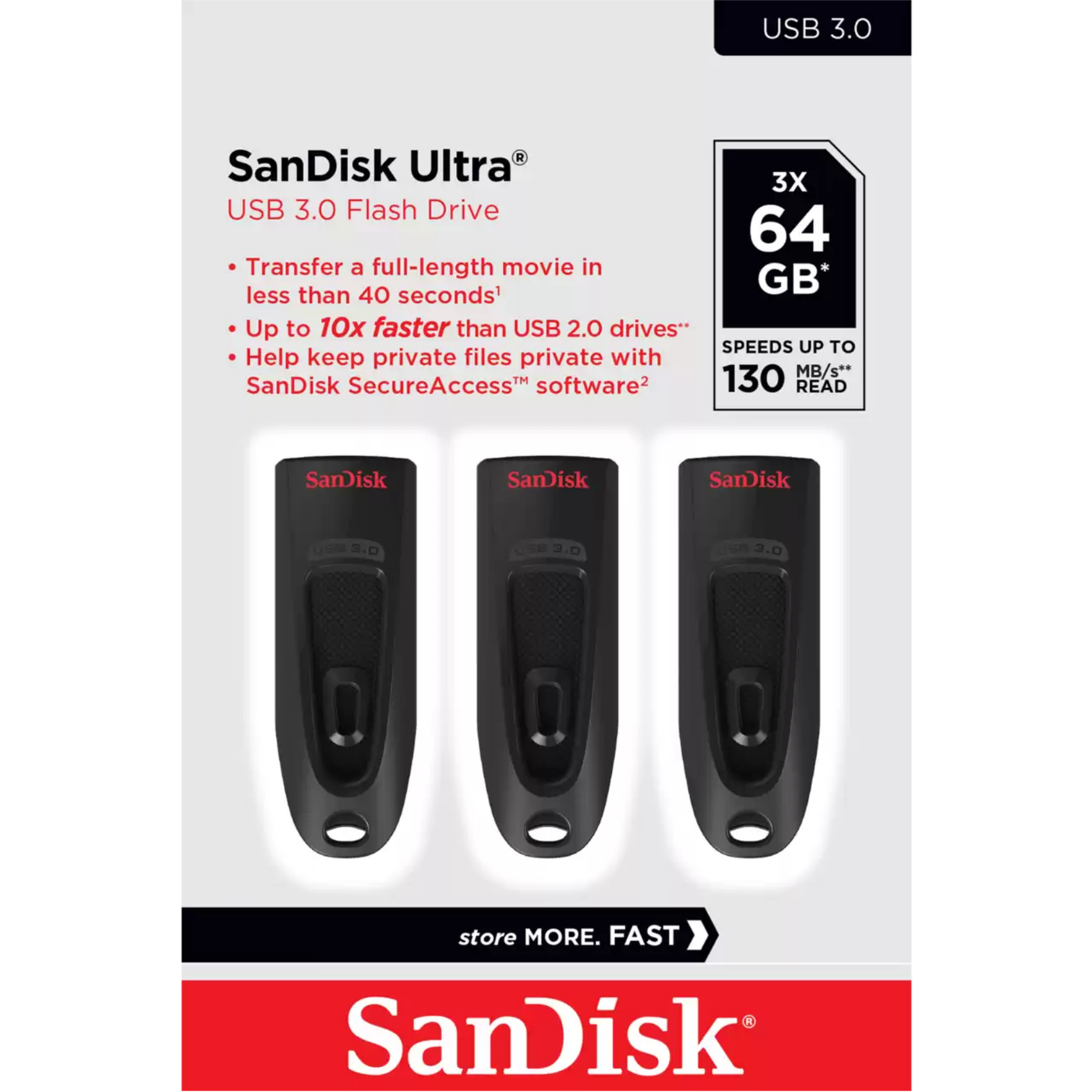 WD Ultrastar SanDisk Ultra, sdcz48-064g-g46t, 64 GB, USB Typ-A, 3.2 Gen 1 3.1 Gen 1, 130 MB/s, Dia, Schwarz