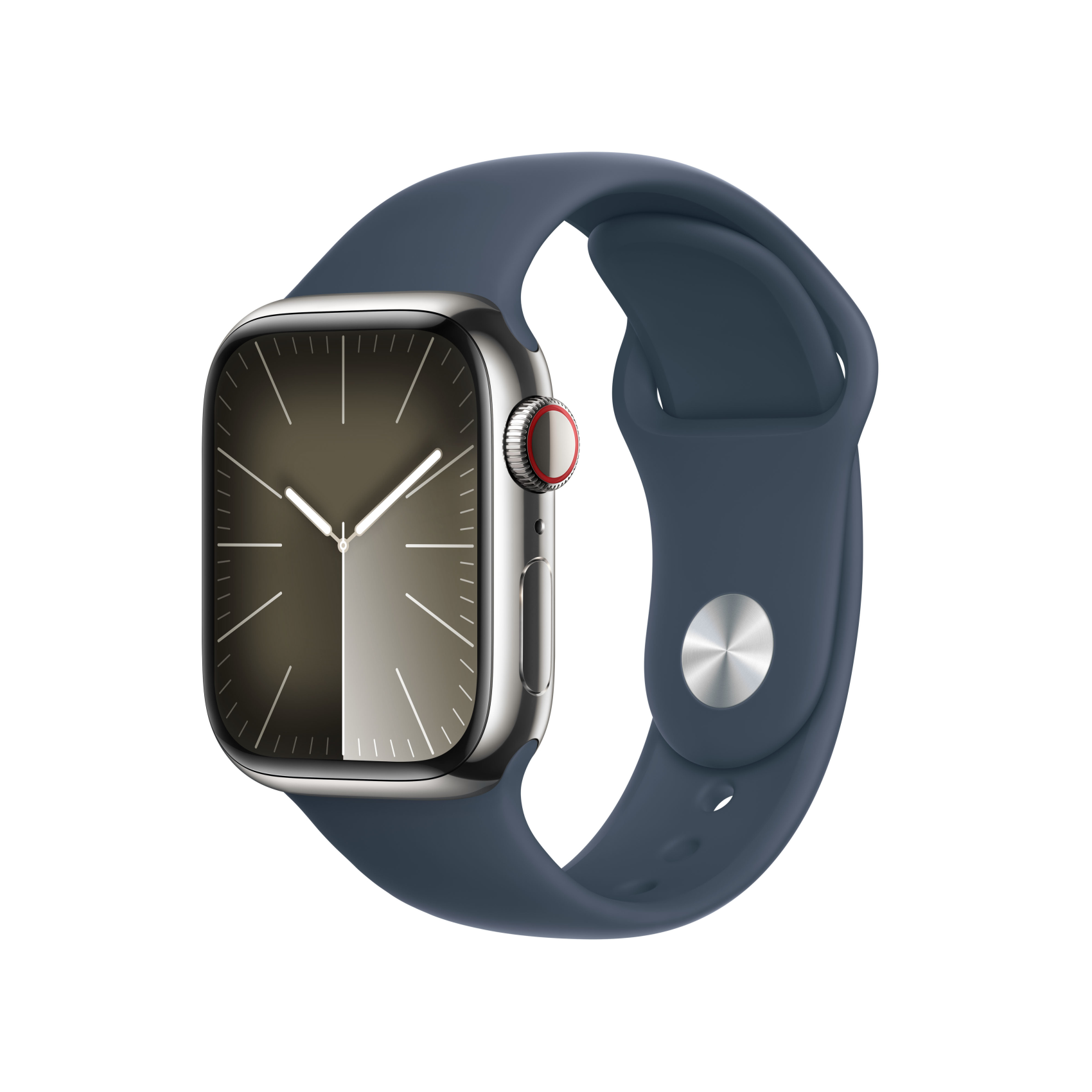 Apple Watch Series 9 GPS + Cellular 41mm Edelstahl silber mit Sportarmband M/L sturmblau, mrj33qf/a