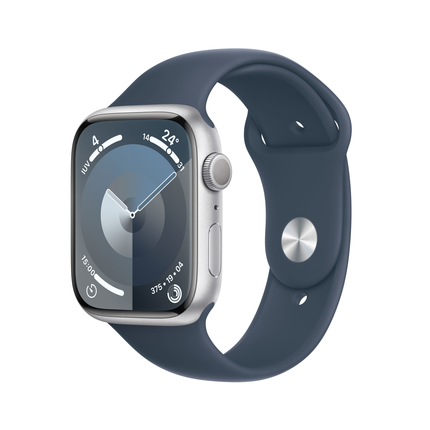 Apple Watch Series 9 GPS 45mm Aluminium silber mit Sportarmband M/L sturmblau, mr9e3qf/a