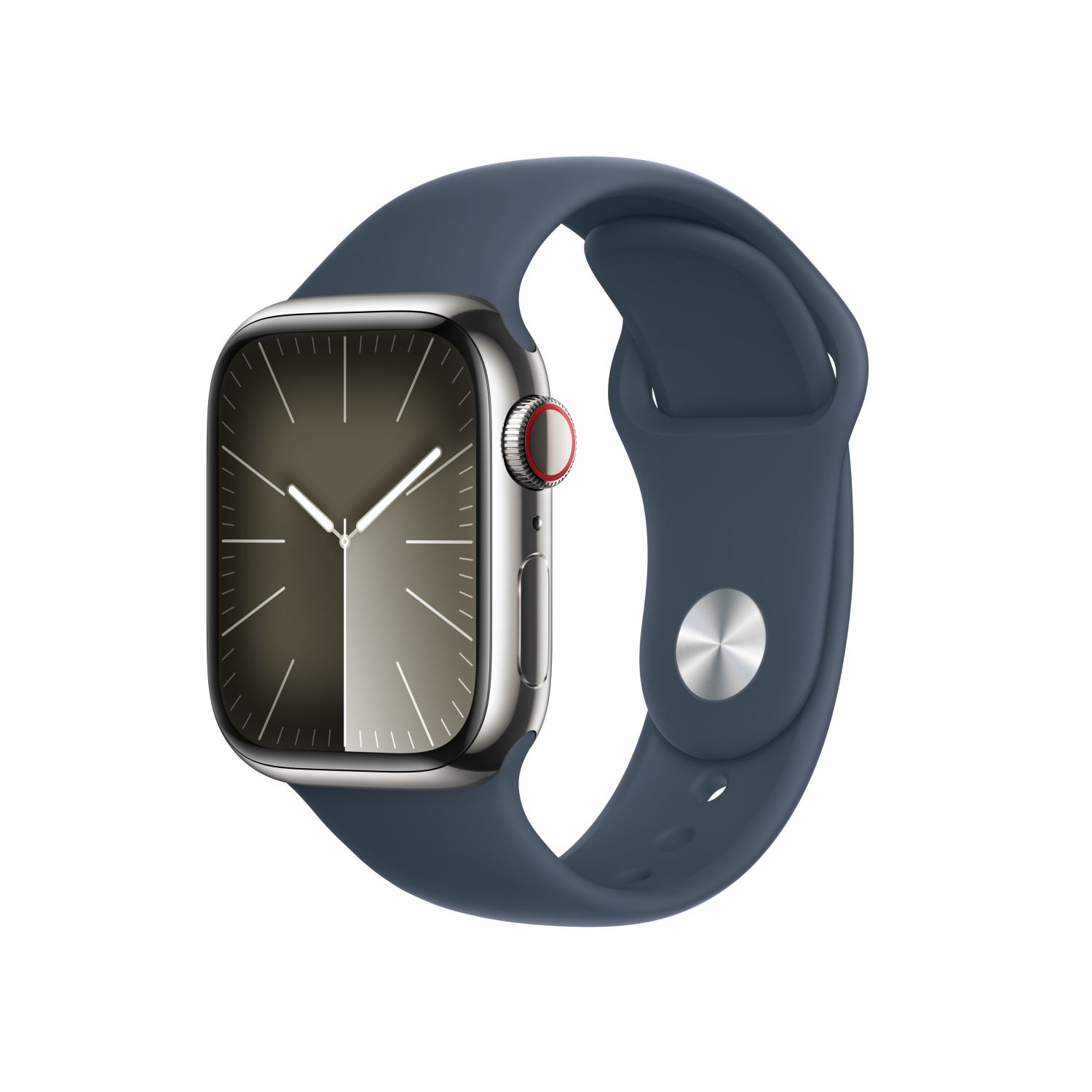 Apple Watch Series 9 GPS + Cellular 41mm Edelstahl silber mit Sportarmband M/L sturmblau, mrj33qf/a