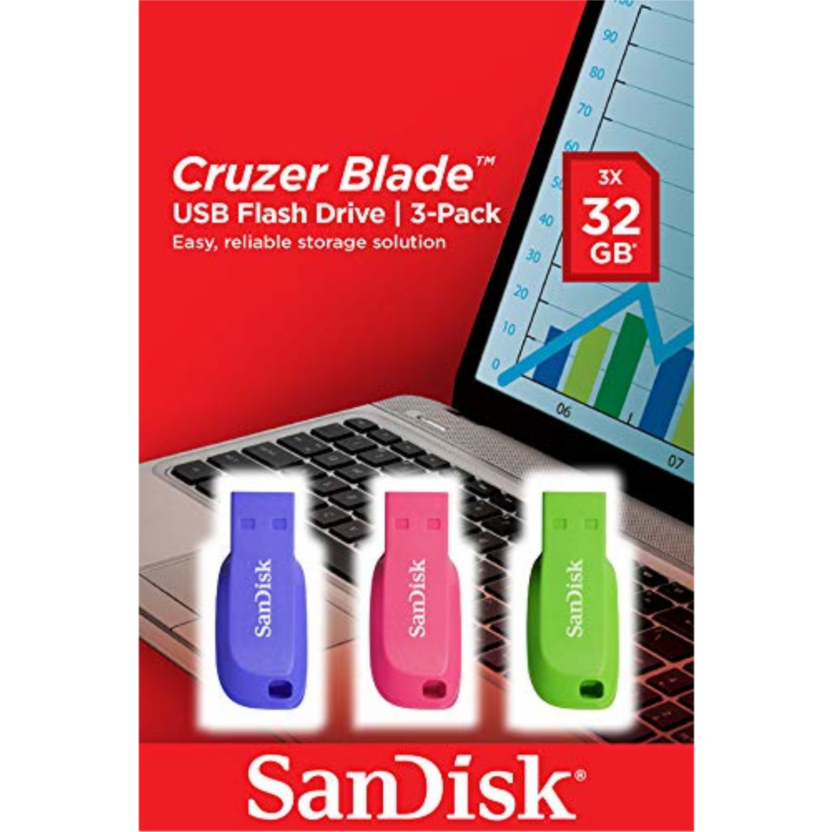 SanDisk Cruzer Blade 3x 32GB, sdcz50c-032g-b46t, 32 GB, USB Typ-A, 2.0, Ohne Deckel, 2,5 g, Blau