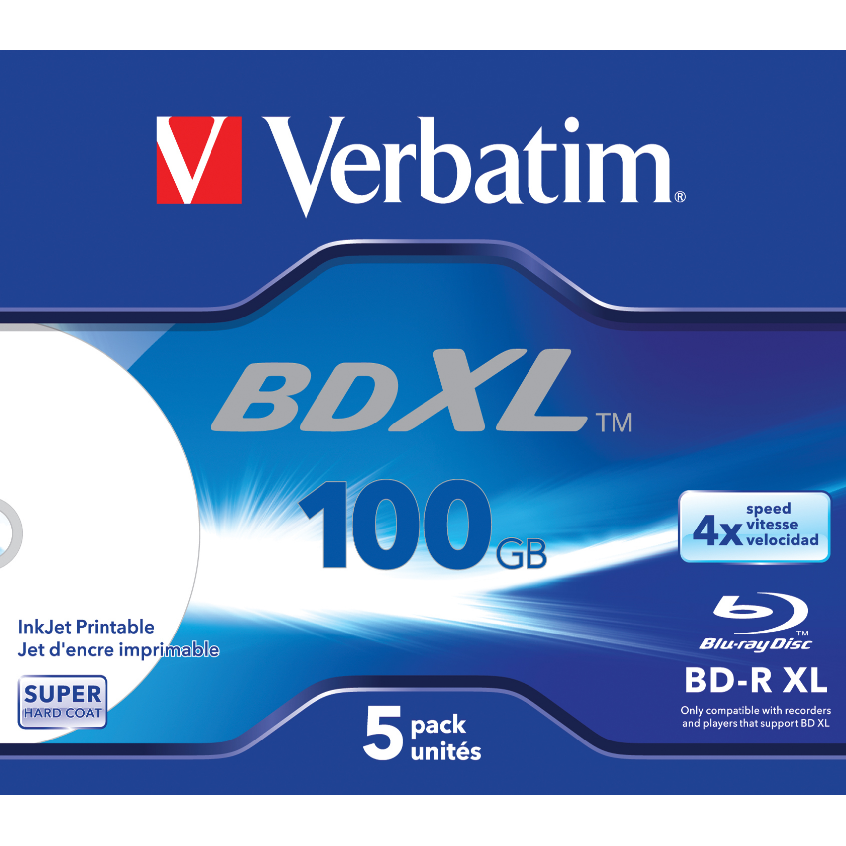 Verbatim BD-R XL 100 GB* 4x, 43789, mit Tintenstrahldrucker großflächig bedruckbar, Jewel Case, 5er-Pack, 1