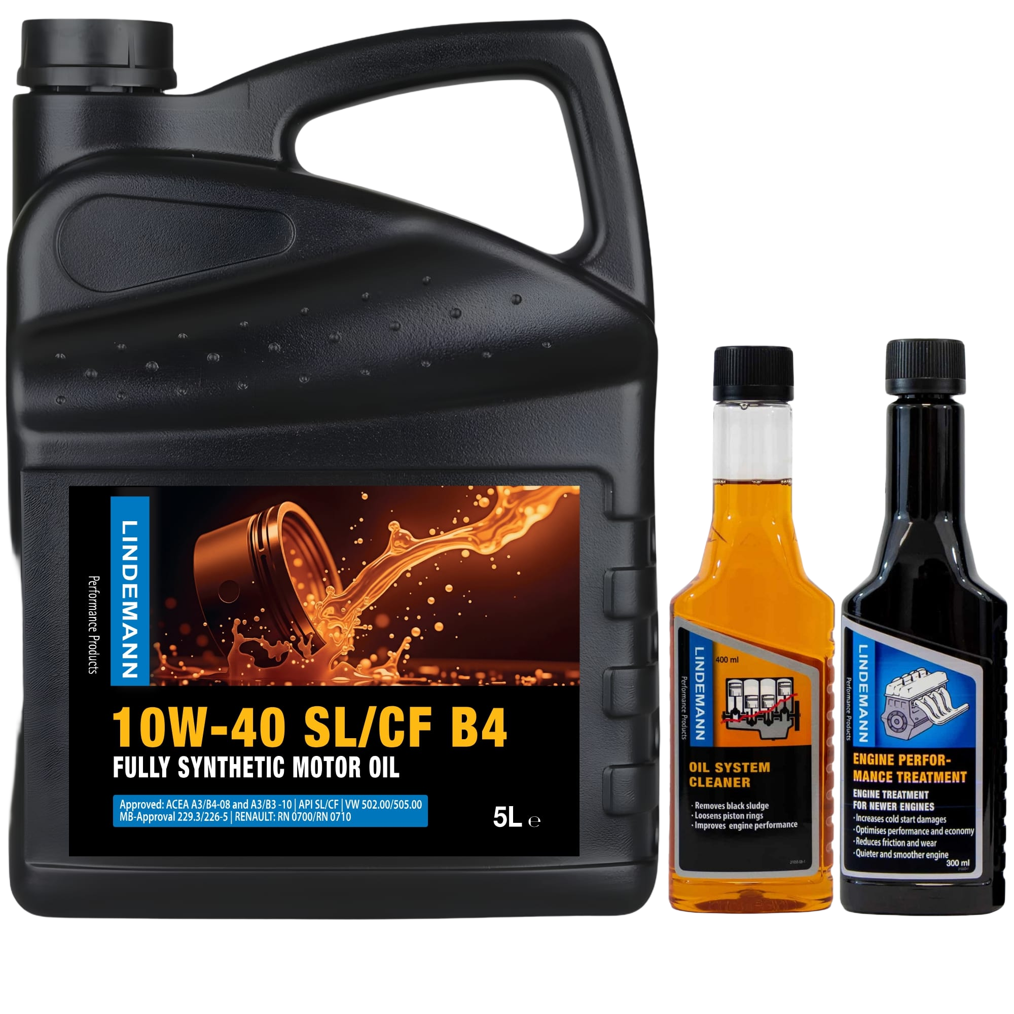 Lindemann Motorolie 10W-40 SL/CF B4 – Complete Onderhouds- & Reinigingsset | C3 | voor oa VW, BMW, Opel | Longlife | Volsynthetisch | Benzine & Diesel