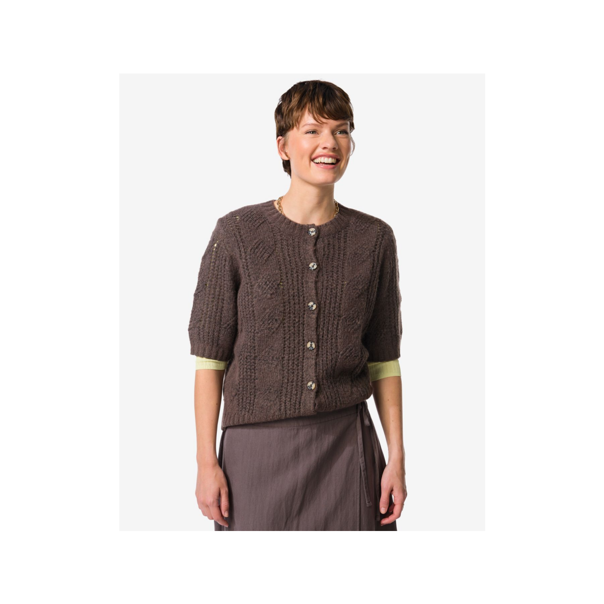 HEMA HEMA Damesvest Foxi Fijngebreid Kabel Bruin (bruin)