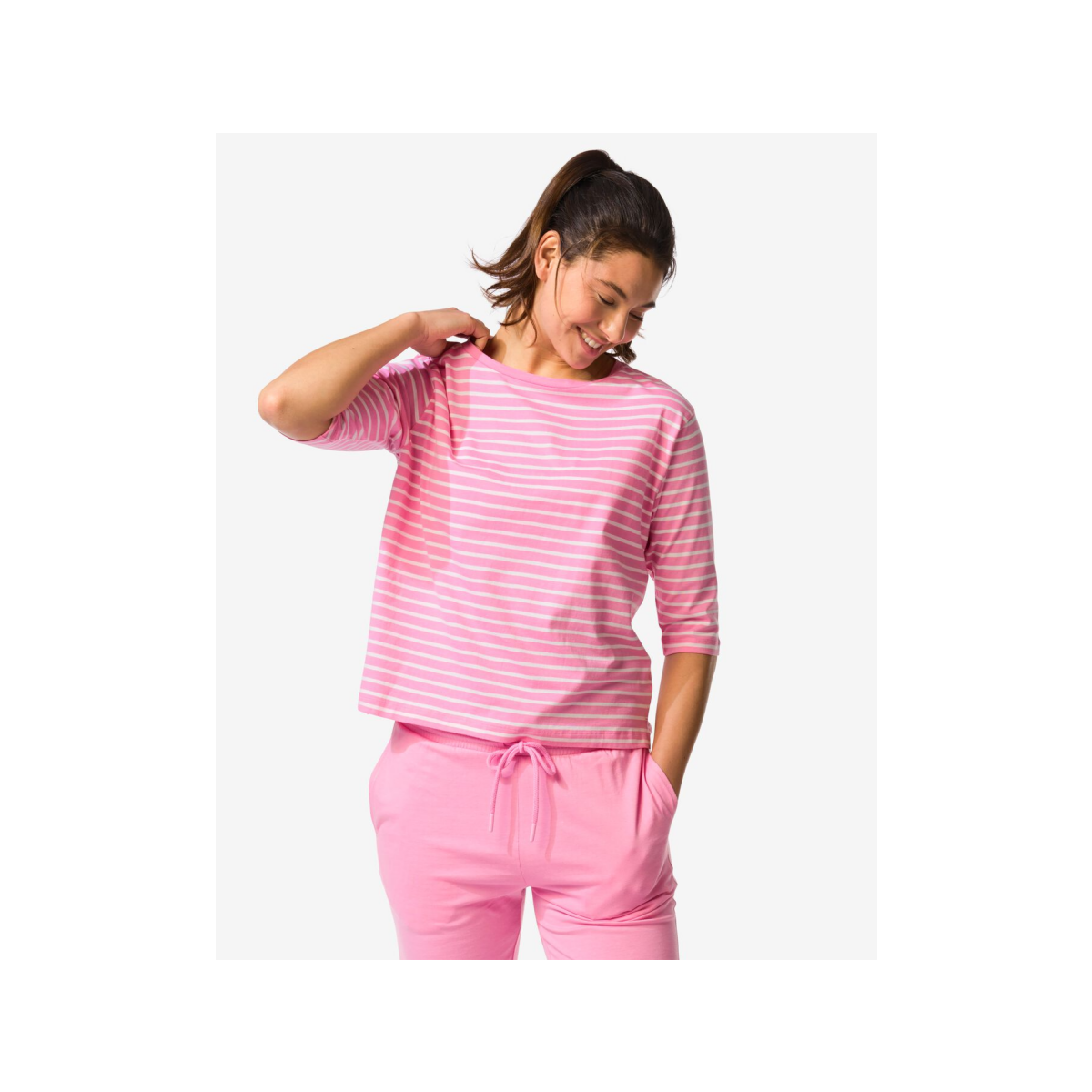 HEMA HEMA Damespyjamatop Jersey Strepen Roze (roze)