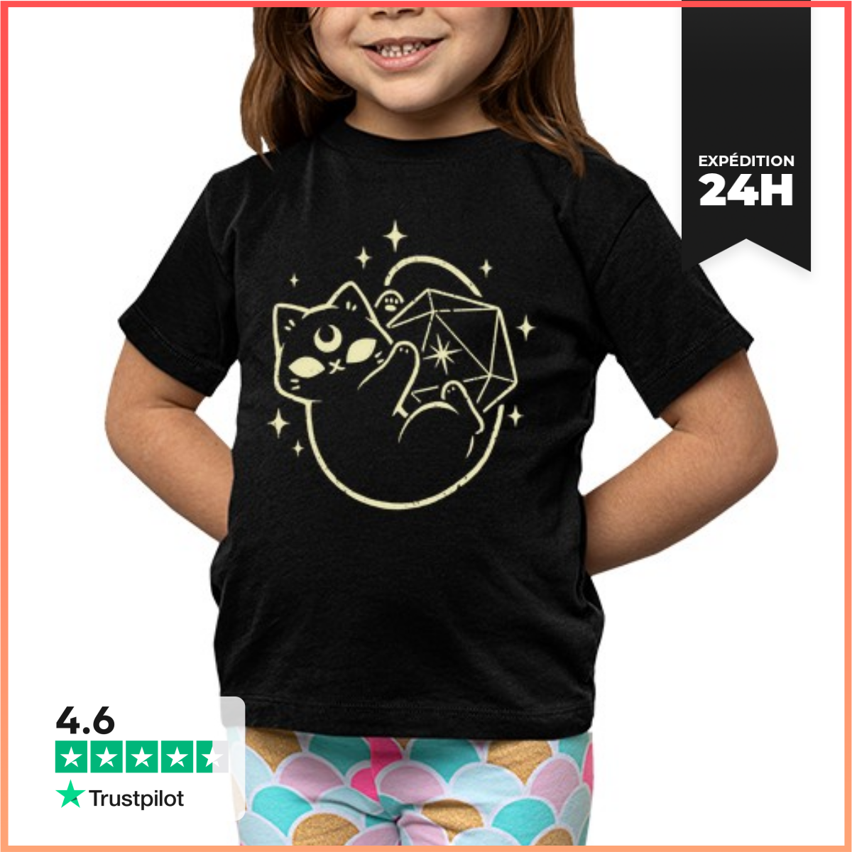 Tee Shirt Pour Enfant Manche Courte Mignon Chat Noir Magique D20-image