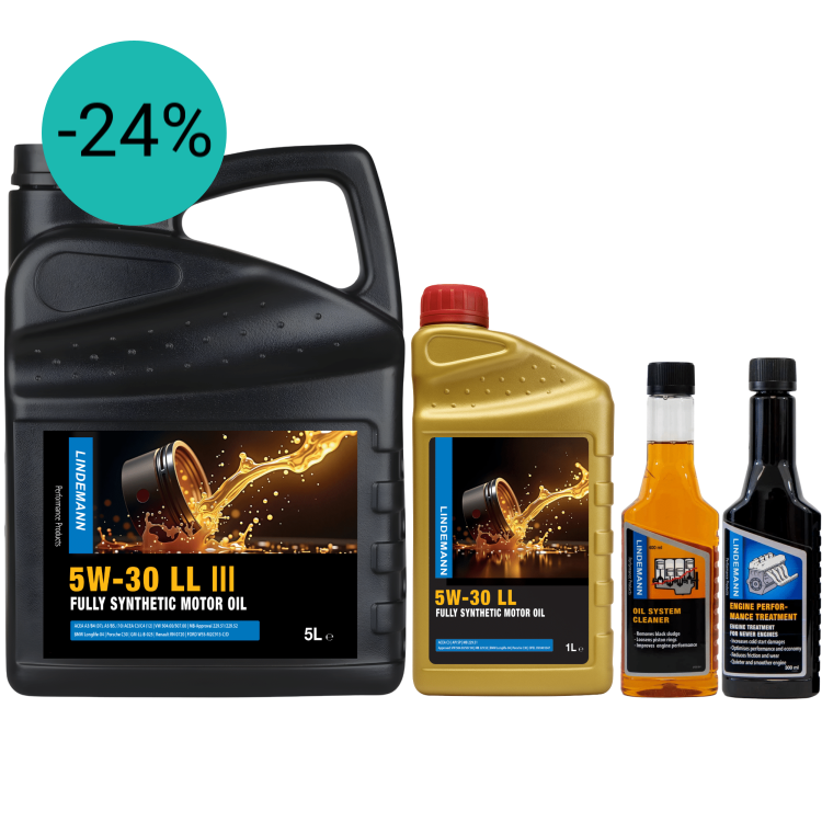 Lindemann Motorolie 5W-30 LL – Onderhouds- en Reinigingsset | C3 | voor oa VW, BMW, Opel | Longlife | Volsynthetisch | Benzine & Diesel
