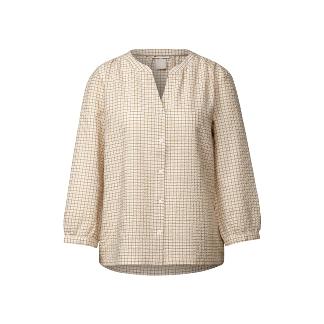 Street One Bluse Karierte Seersucker Baumwolle-Polyester-Viskose-Elasthan Safari Beige