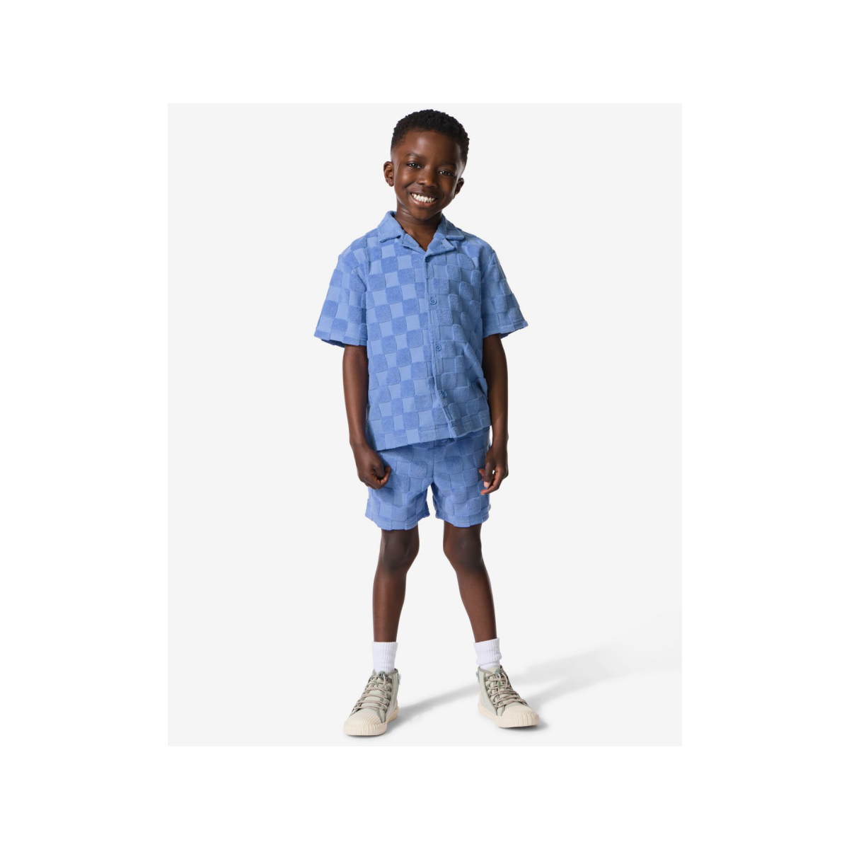 HEMA Kindershort regular fit badstof blokken blauw (blauw)
