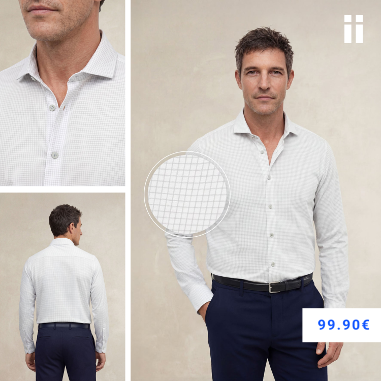 Camisa de vestir cuello cutaway hombre estampado cuadro gris regular