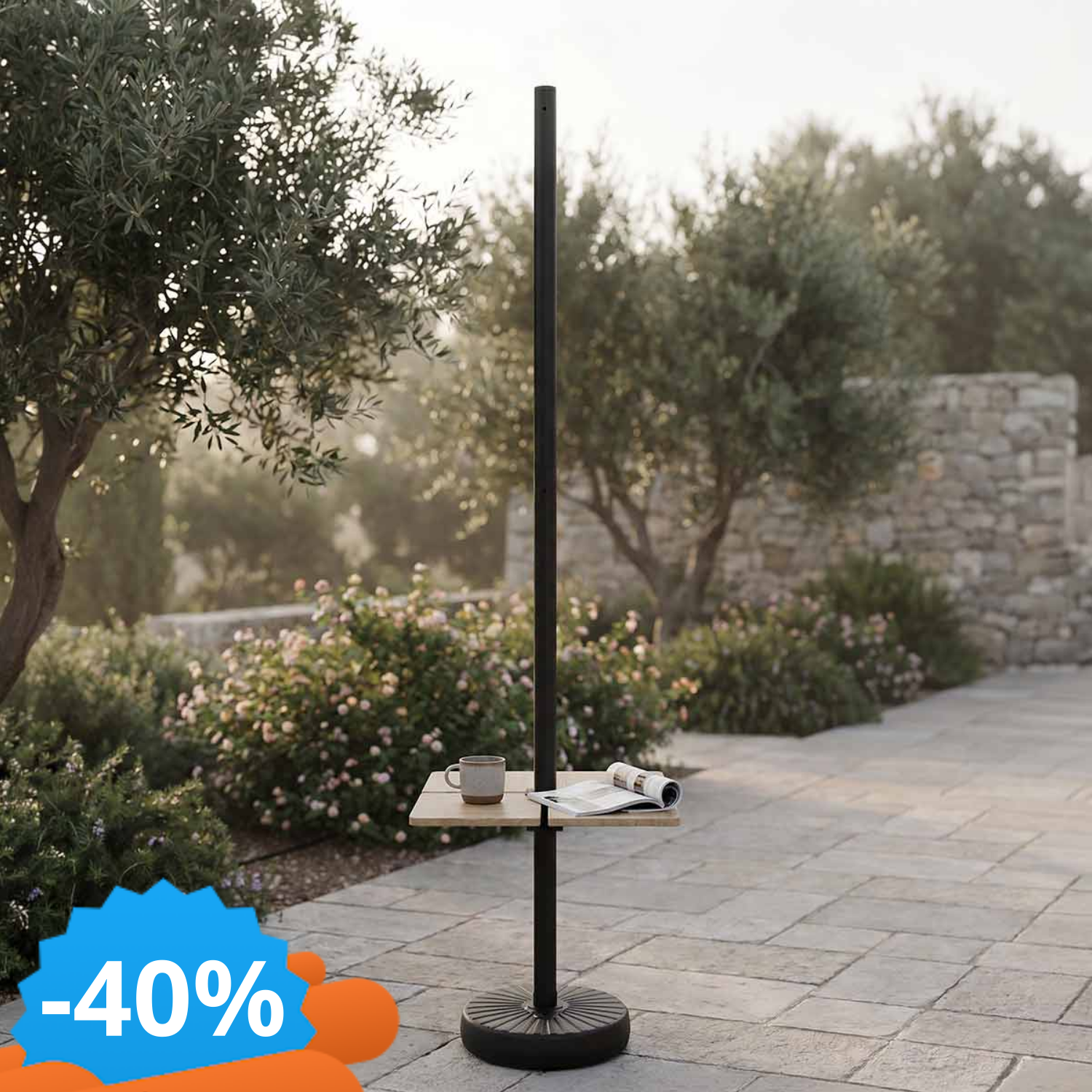 Palo Nero Per Lampade Solari 27M Con Tavolino Quadrato E Base Zavorrabile-image
