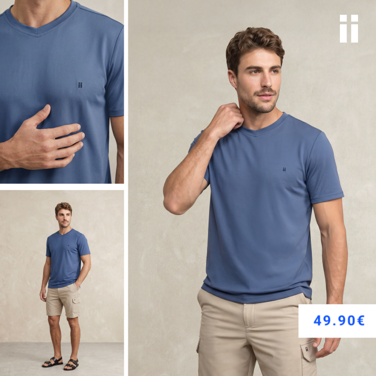 Camiseta hombre cuello v azul indigo Soft