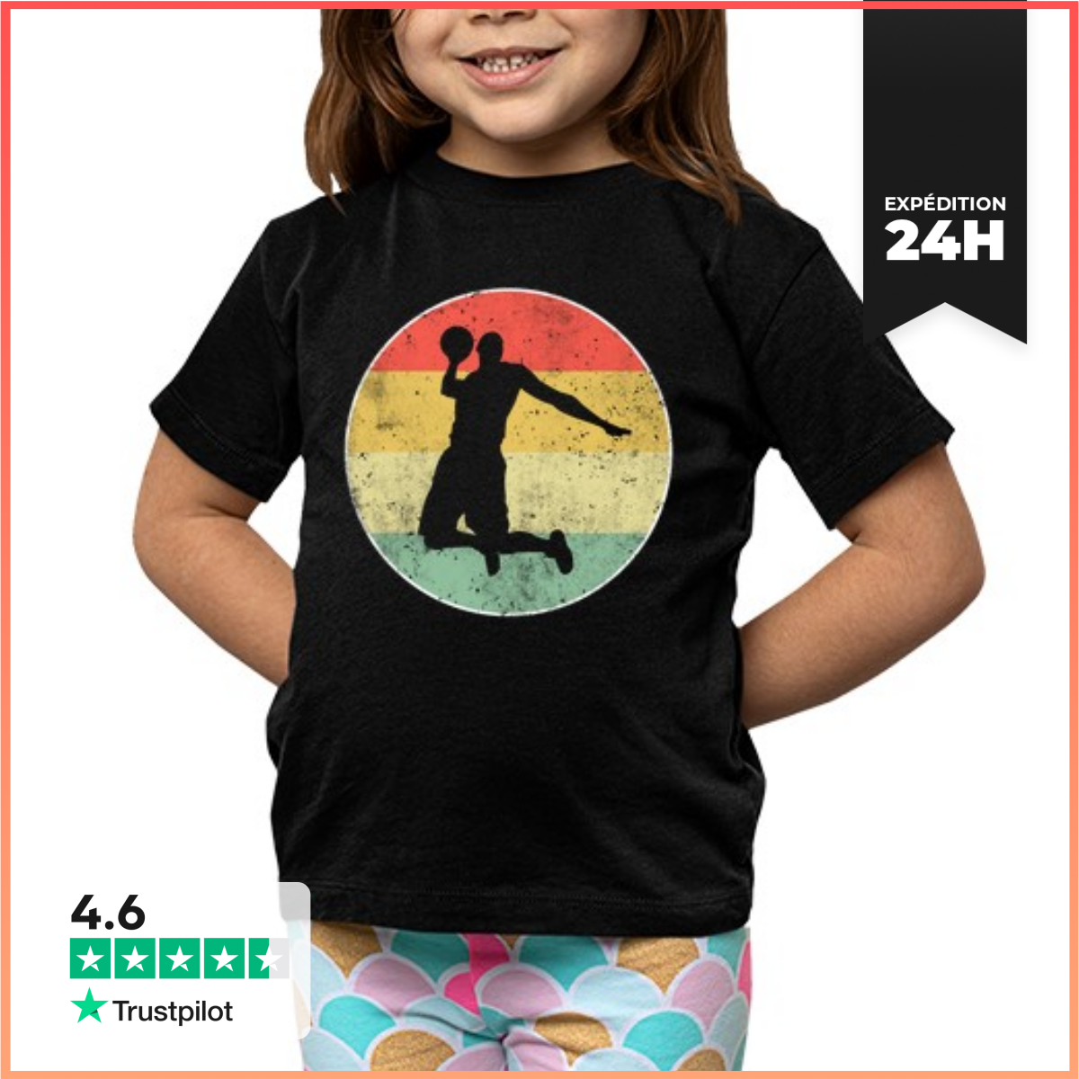 Tee Shirt Pour Enfant Manche Courte Basket RéTro-image