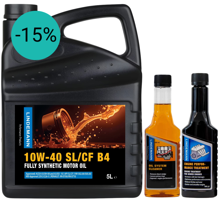 Lindemann Motorolie 10W-40 SL/CF B4 – Complete Onderhouds- & Reinigingsset | C3 | voor oa VW, BMW, Opel | Longlife | Volsynthetisch | Benzine & Diesel