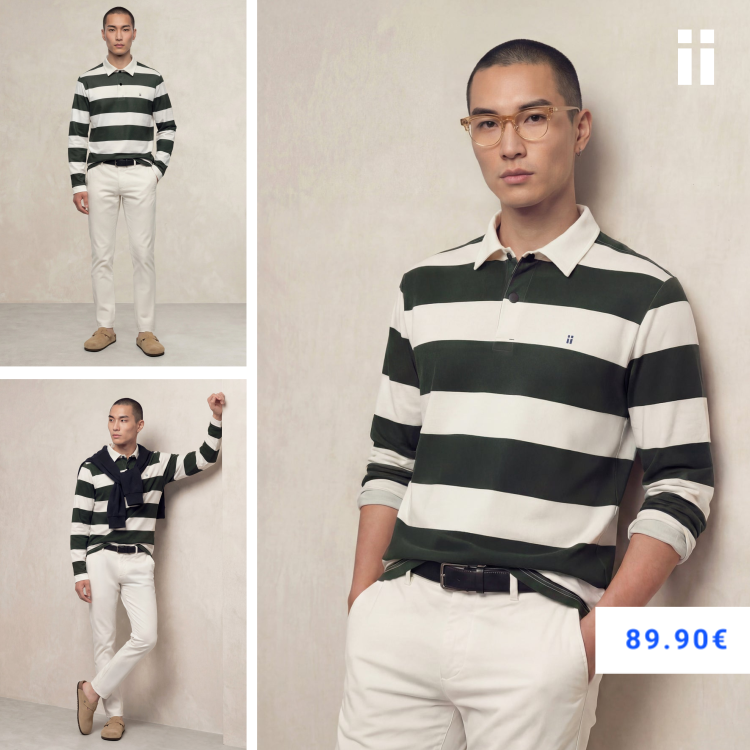 Polo manga larga hombre estampado rayas verde