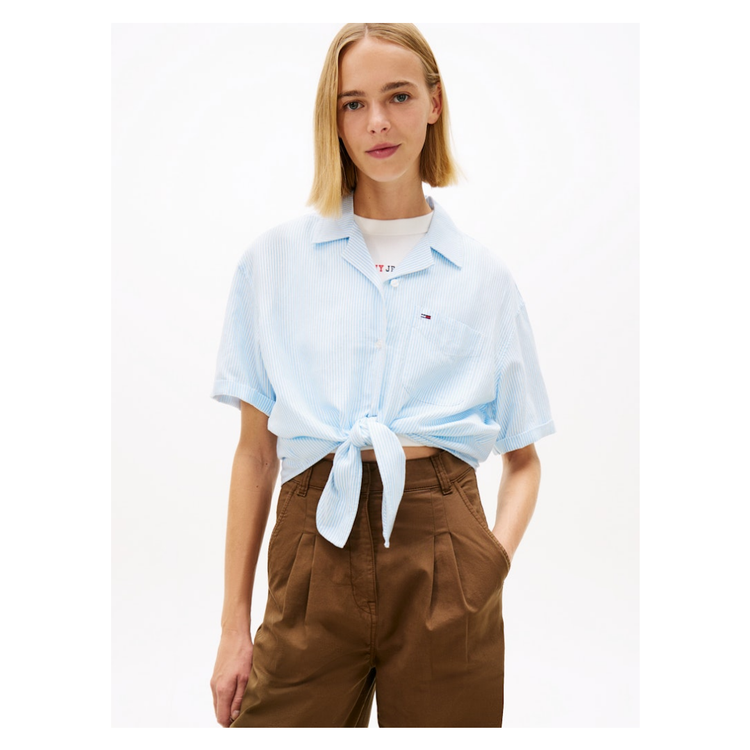 Tommy Jeans - Damen Kurzarmbluse - light powdery blue - stripe - Größe: M - bei Tara-M