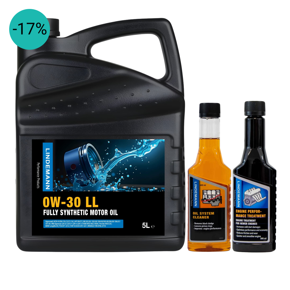 Lindemann Motorolie 0W-30 LL – Complete Onderhouds- & Reinigingsset | C3 | voor oa VW, BMW, Opel | Longlife | Volsynthetisch | Benzine & Diesel