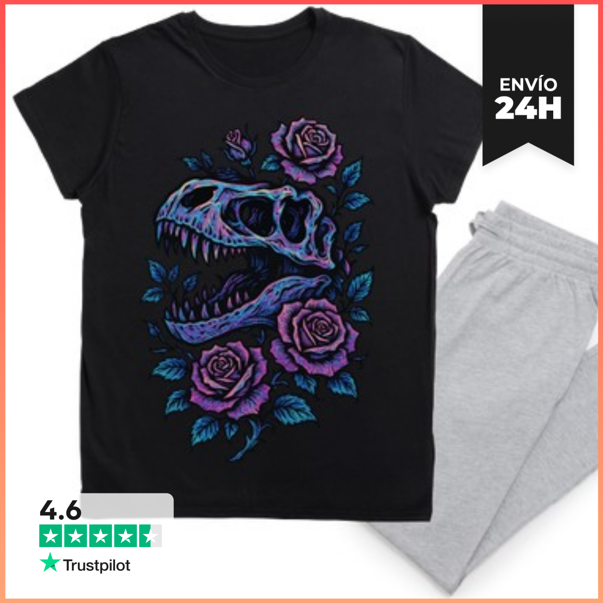 Pijama Cráneo de dinosaurio rosa floral gótico laTostadora
