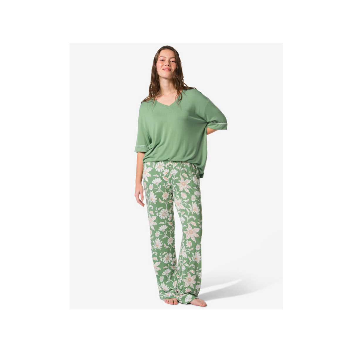 HEMA HEMA Damespyjamabroek Straight Fit Bloemen Groen (groen)