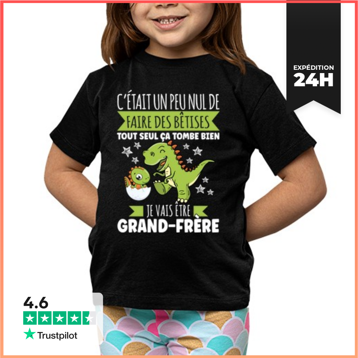 Tee Shirt Pour Enfant Manche Courte Grand Frere Annonce Grossesse Dinosaure-image