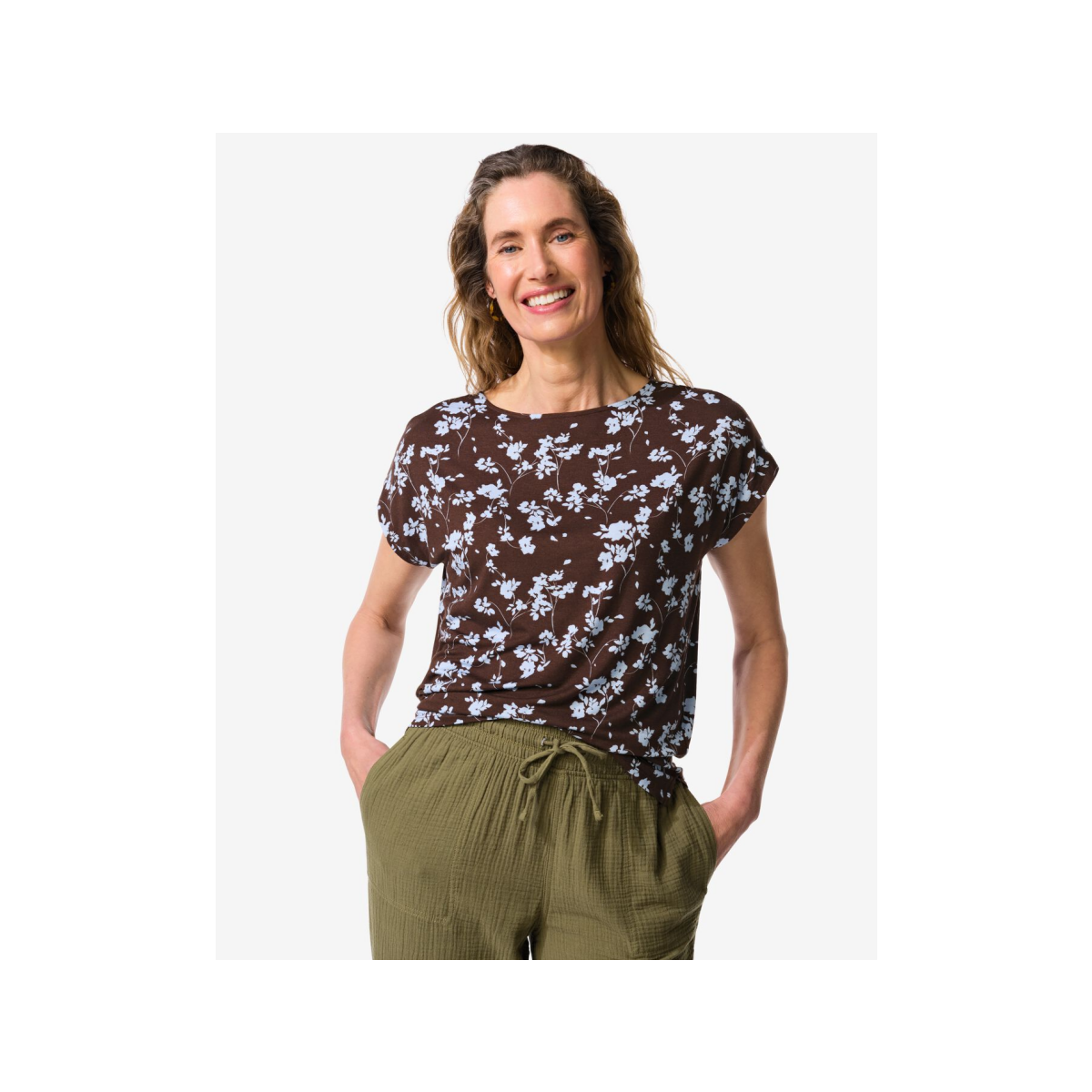 HEMA HEMA Dames T-shirt Amelie Jersey Bloemen Donkerbruin (donkerbruin)