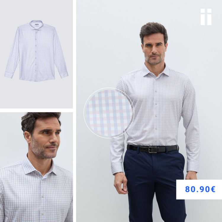 Camisa cuadros rosa y azul celeste de vestir regular hombre