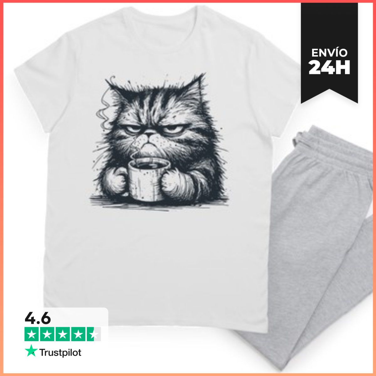Pijama GATO GRUÑÓN BEBIENDO CAFÉ laTostadora