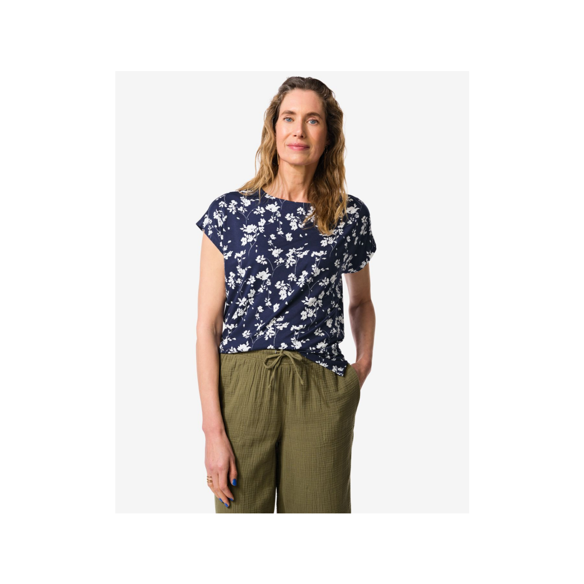 HEMA Dames T-shirt Amelie jersey bloemen donkerblauw (donkerblauw)
