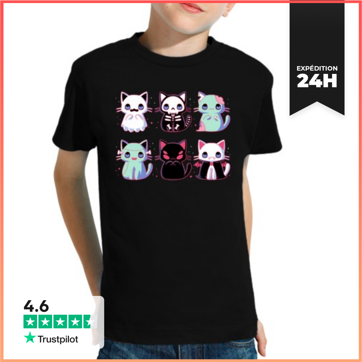Tee Shirt Pour Enfant Manche Courte Chats D39Halloween-image