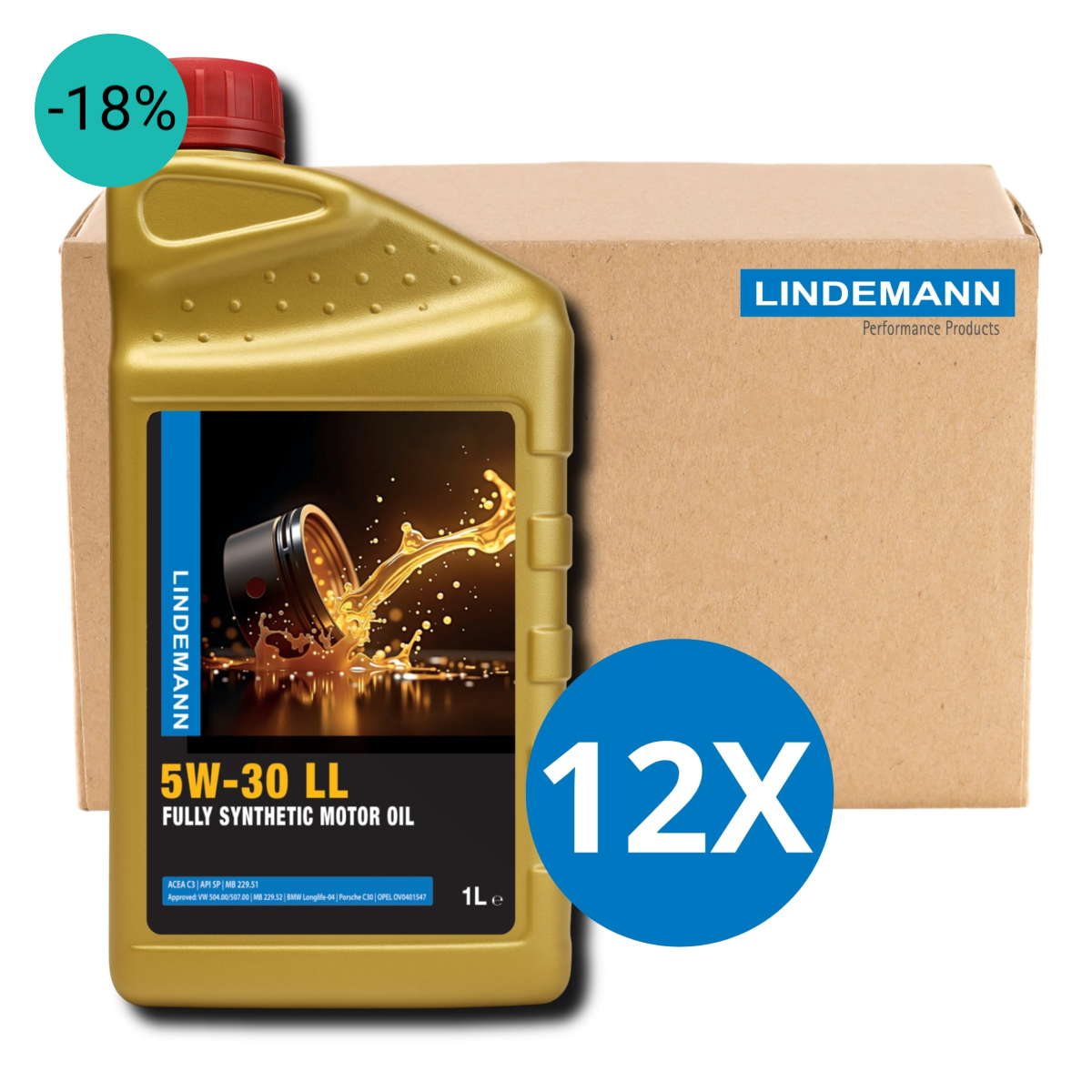 Lindemann Motorolie 5W-30 LL - Doos 12x1L | C3 | voor oa VW, BMW, Opel | Longlife | Volsynthetisch | Benzine & Diesel | DPP