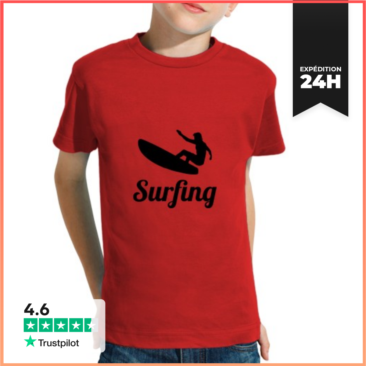 Tee Shirt Pour Enfant Manche Courte Tee Shirt Surf Enfant, Manche Courte, Orange-image