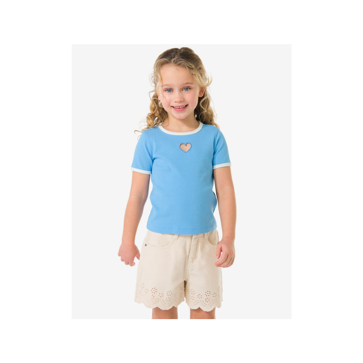 HEMA Kinder T-shirt rib hartjes lichtblauw (lichtblauw)