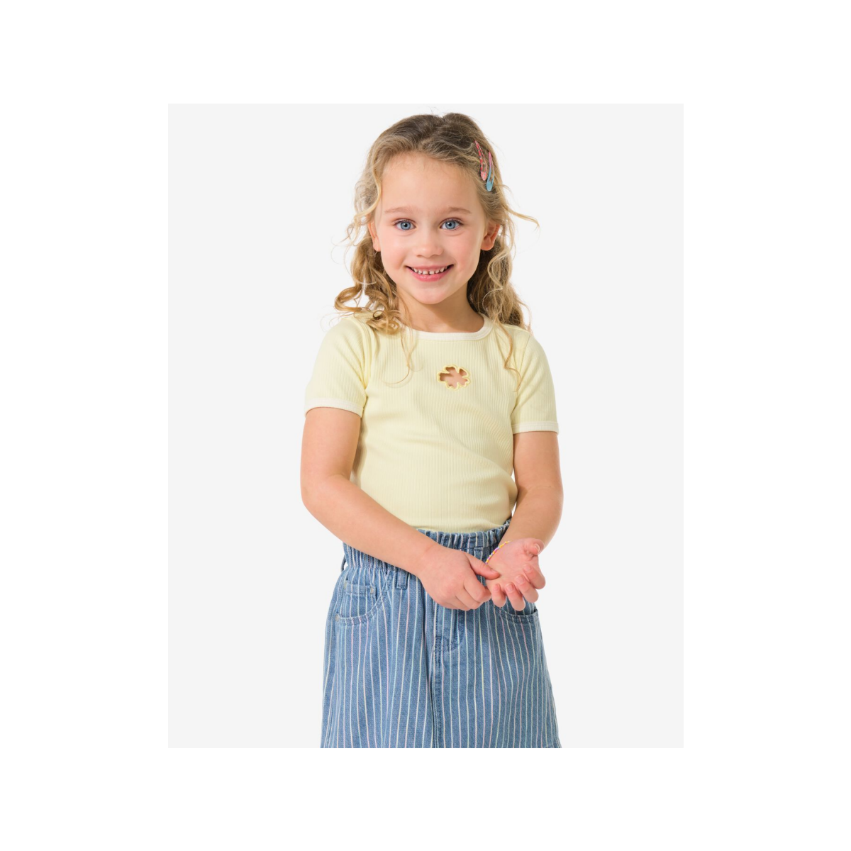 HEMA Kinder T-shirt rib bloemen lichtgeel (lichtgeel)