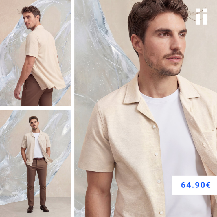 Camisa bowling ICE beige melange manga corta hombre