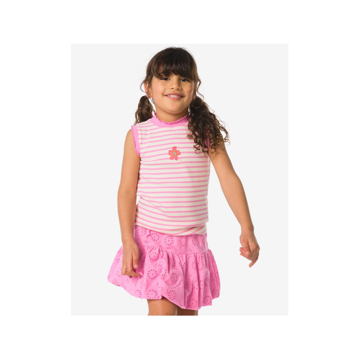 HEMA Kindersinglet rib strepen bloemen roze (roze)