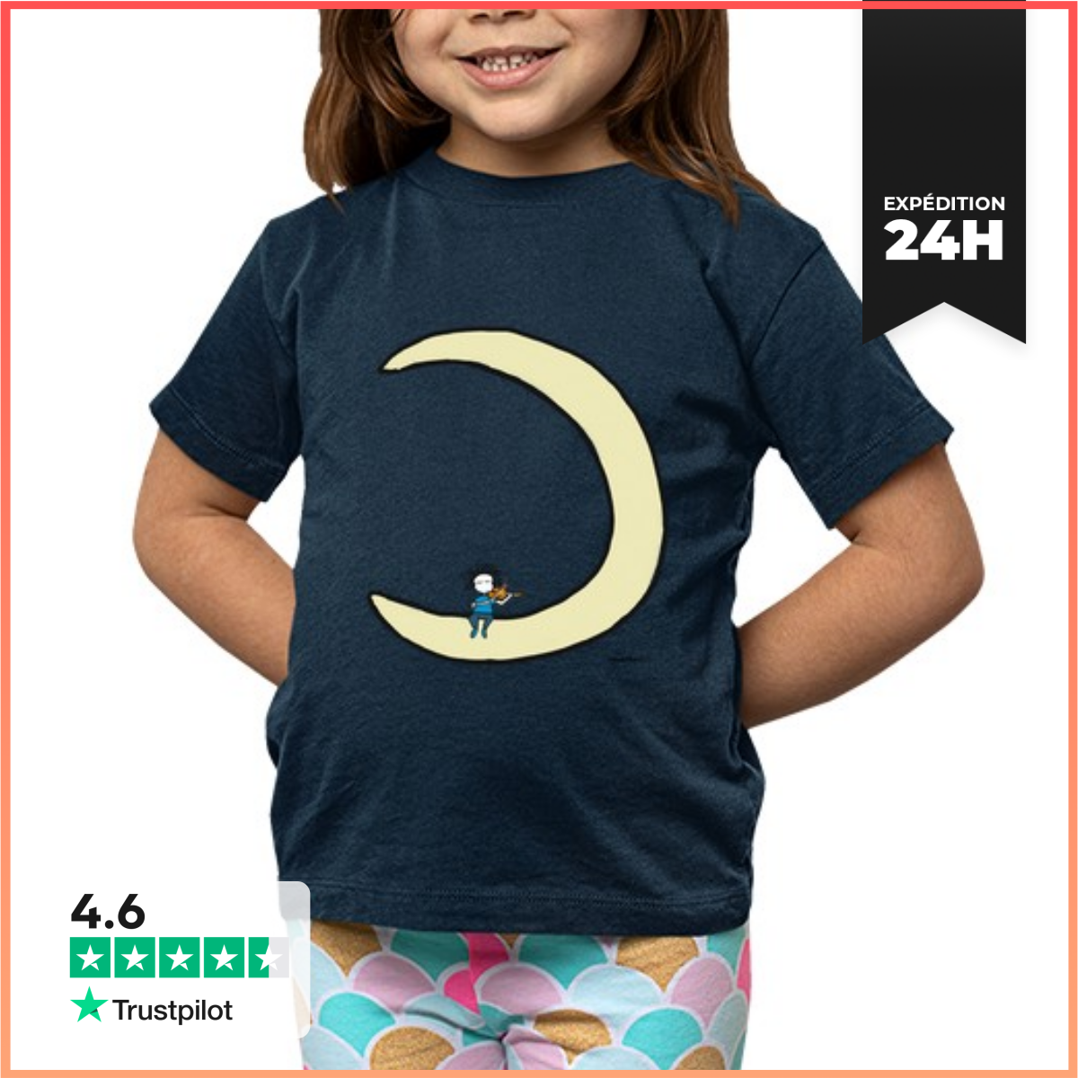 Tee Shirt Pour Enfant Manche Courte Lune And Violon-image