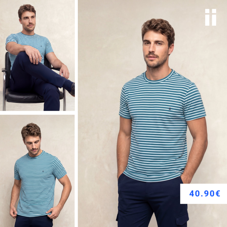 Camiseta hombre cuello redondo estampado rayas azul tormenta Soft