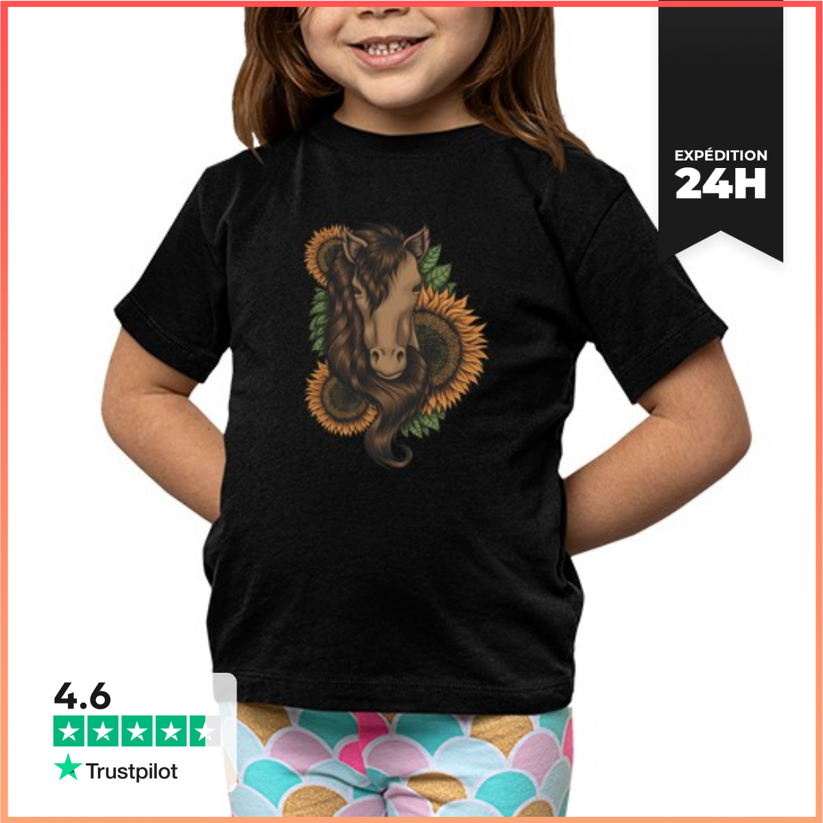 Tee Shirt Pour Enfant Manche Courte Cheval Tournesol Passe-Temps Love R-image