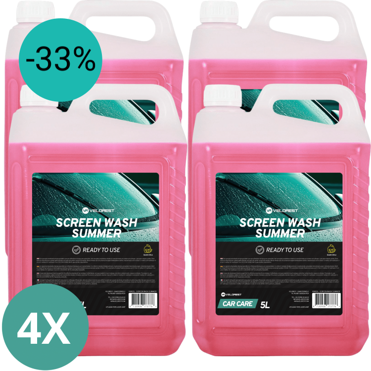 4-Pack Velorest Screen Wash Summer 5L -- Ruitenwisservloeistof Kant & Klaar | Ruitenvloeistof Zomer | Dutch Performance Products
