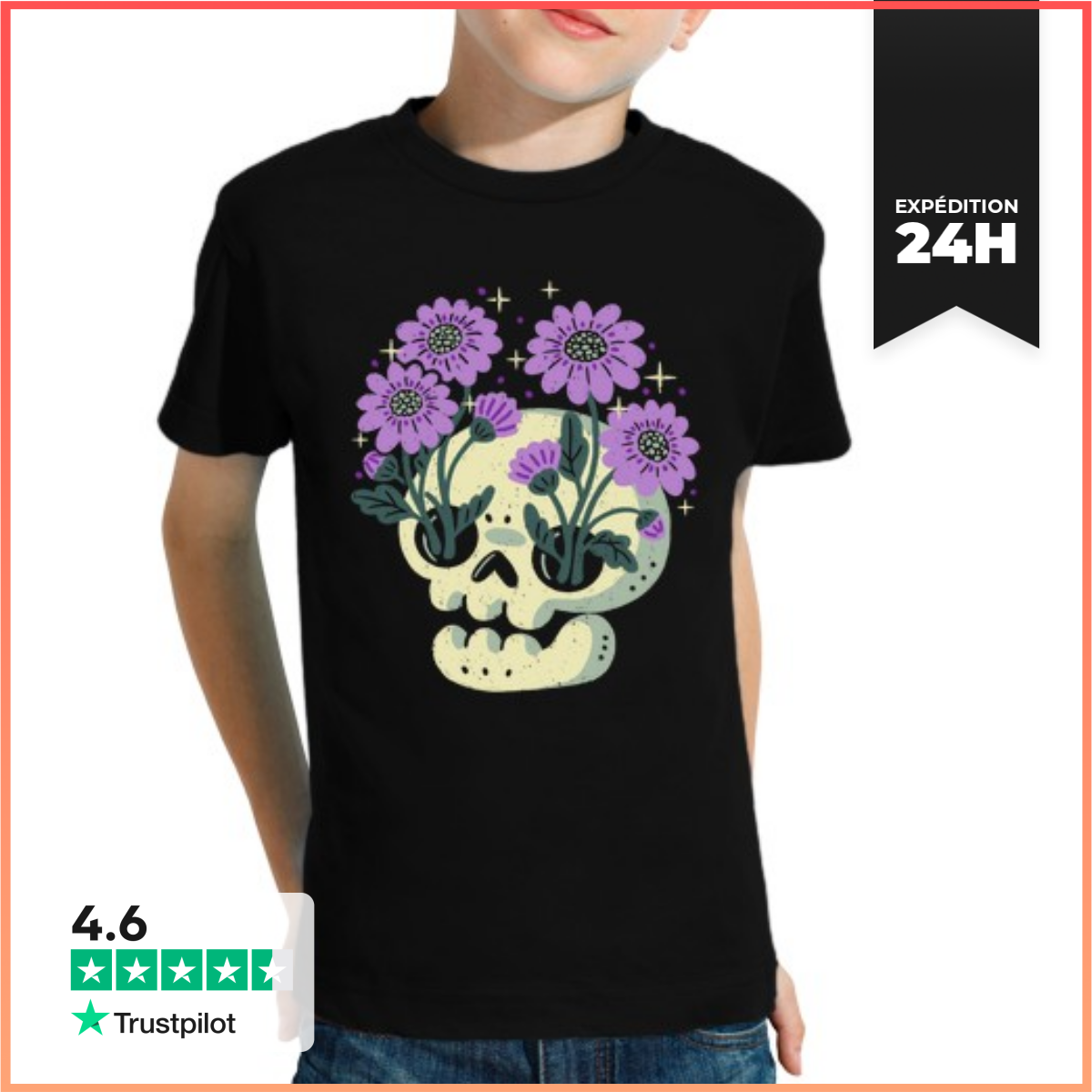 Tee Shirt Pour Enfant Manche Courte CrâNe Avec Des Fleurs Violettes-image