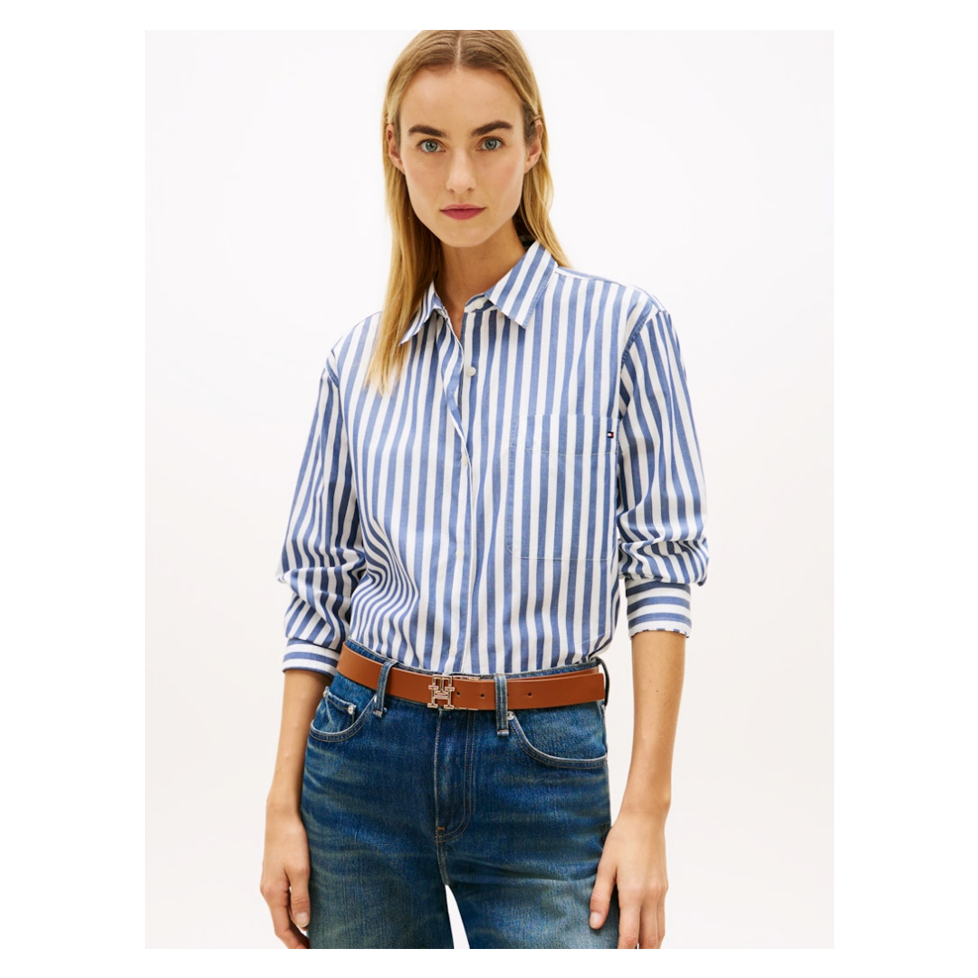 Tommy Hilfiger - Damen Langarmbluse - wide banker stp ecru seashore navy - Größe: 42 - bei Tara-M