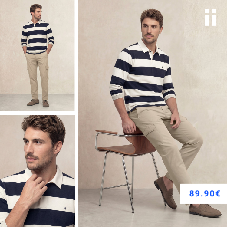 Polo manga larga hombre estampado rayas azul marino