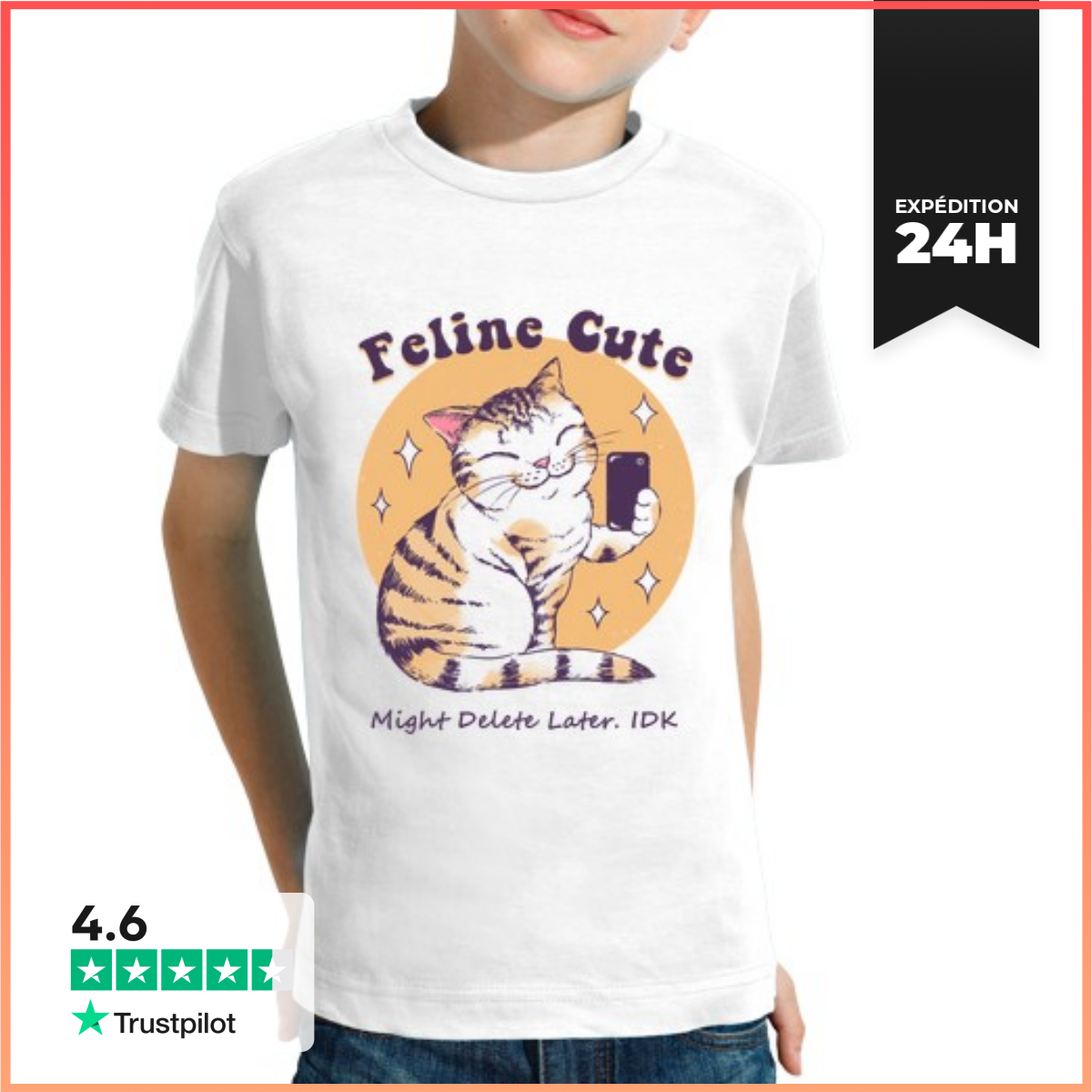Tee Shirt Pour Enfant Manche Courte DéFi Mignon FéLin-image
