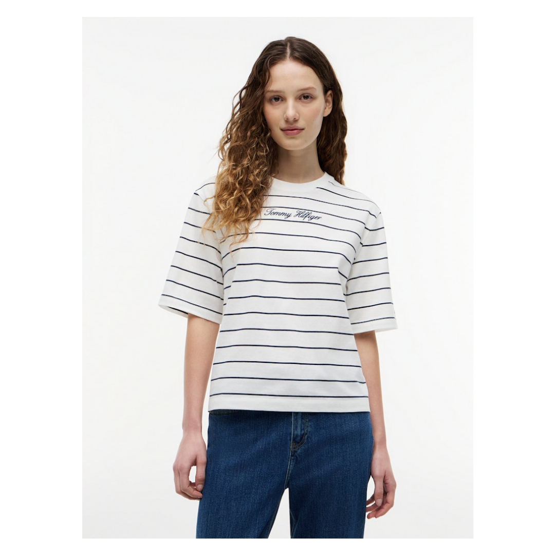 Tommy Hilfiger - Damen T-Shirt - Fine Stp Ecru - Dark Night Navy - Größe: M - bei Tara-M