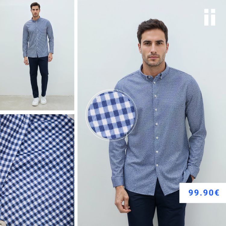 Camisa casual hombre estampado vichy azul marino regular