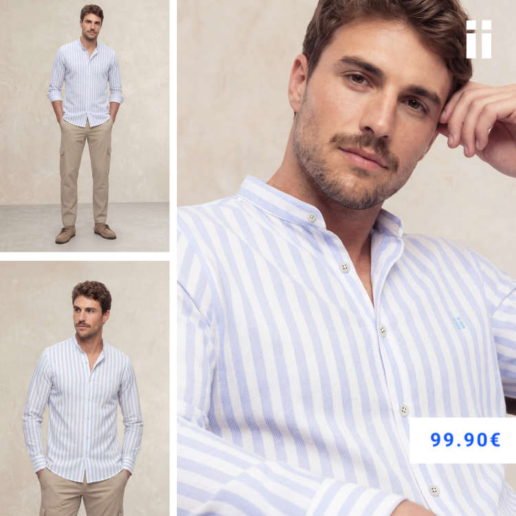 Camisa casual cuello mao hombre estampado rayas azules regular