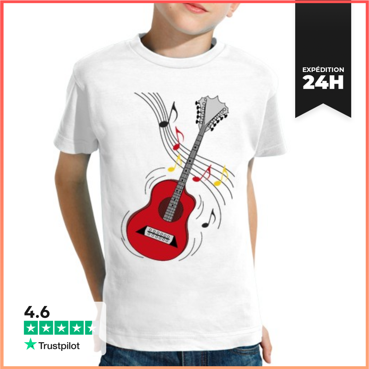 Tee Shirt Pour Enfant Manche Courte Guitare Rock DrôLe-image