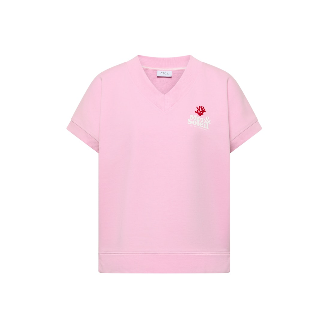 cecil Sweatshirt Kurzarm Backprint V-Ausschnitt Baumwolle Rosa
